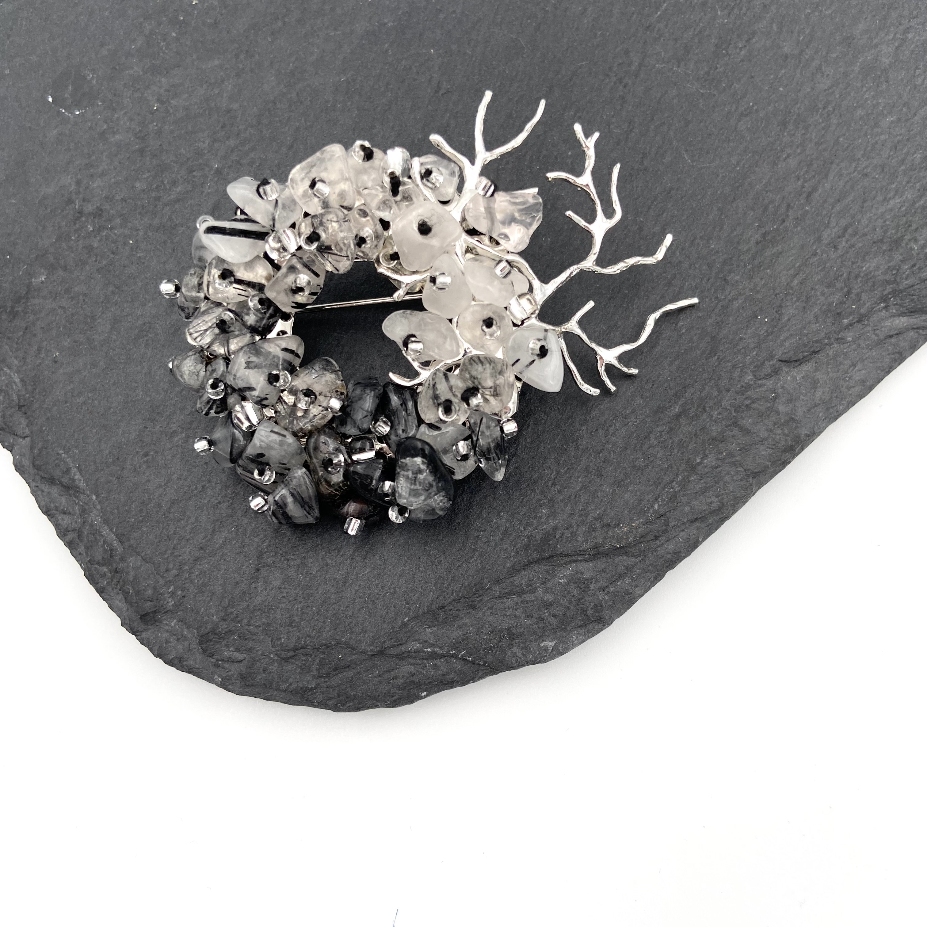 Exquisite Black Rutilated Quartz Brooch Japanese Style v2