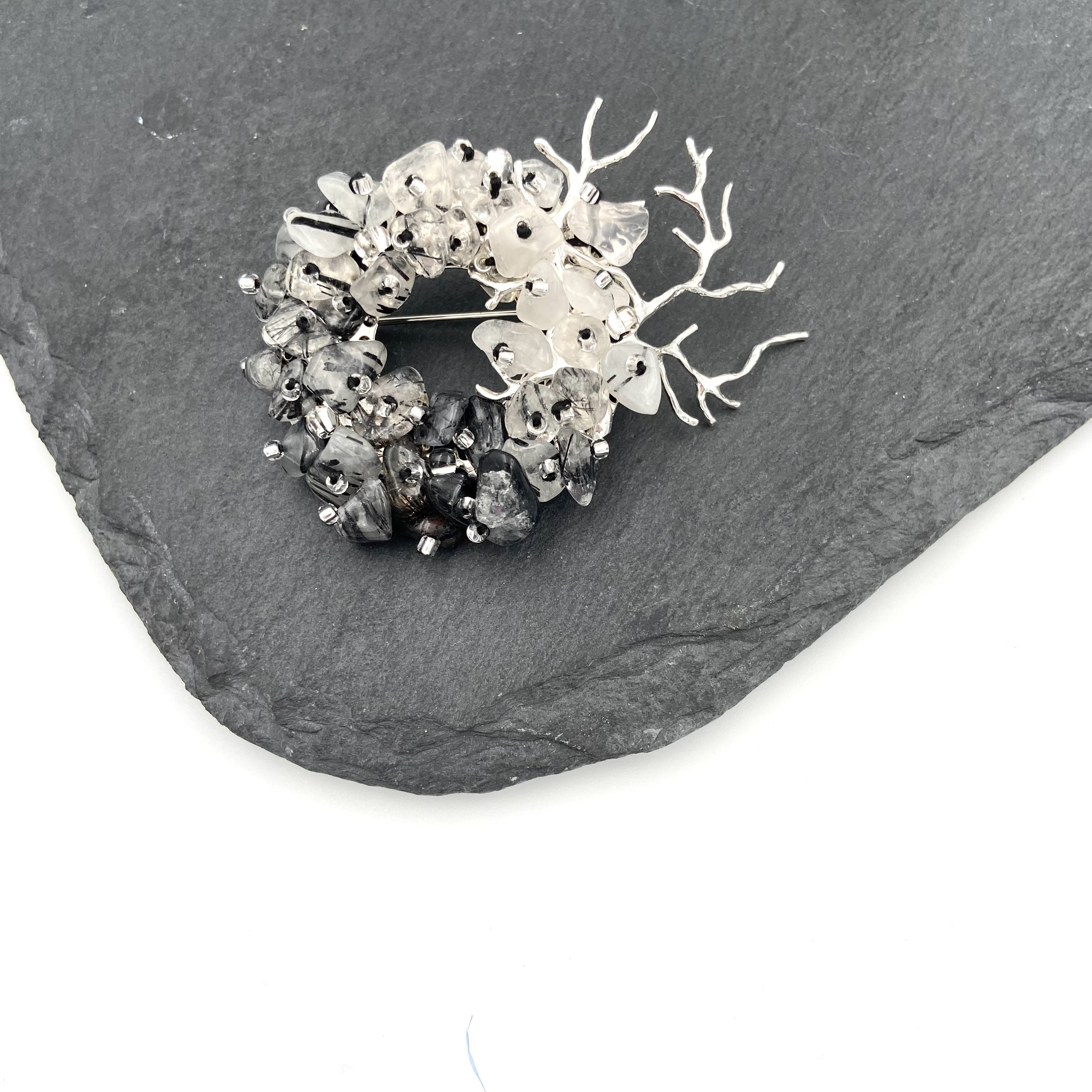 Exquisite Black Rutilated Quartz Brooch Japanese Style v2