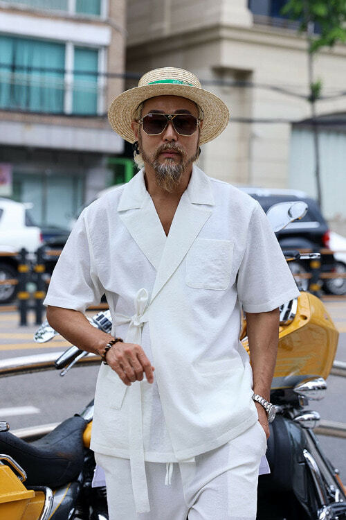 亞麻長袍短袖夾克