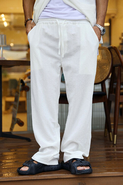 亞麻鬆緊帶闊腿褲