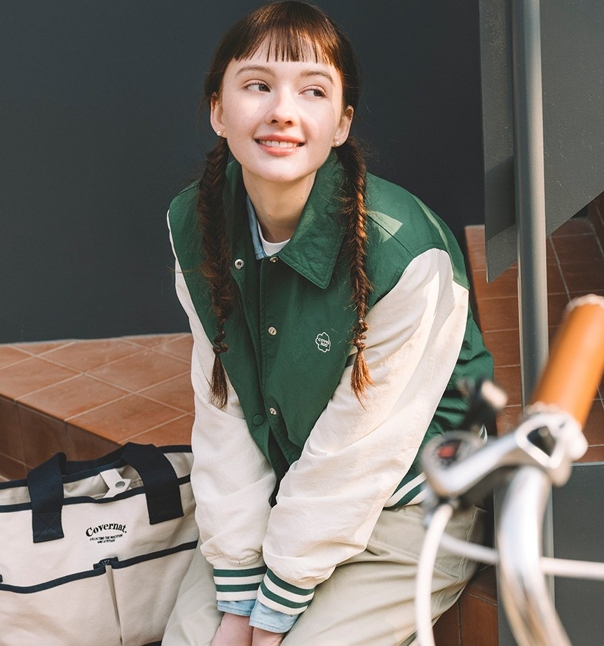 韓國代購 COVERNAT 學院風外套 翻領 棒球外套 休閒 女款 綠 MAY-