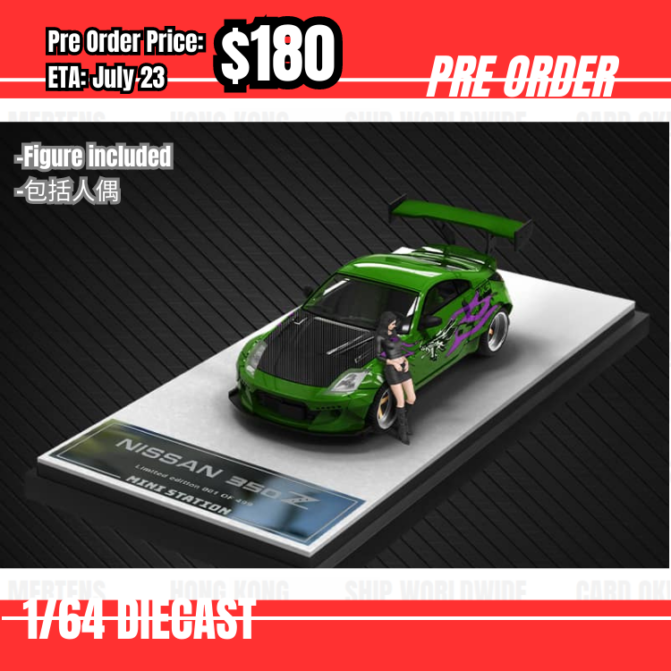 Pre Order-$180 Time Micro 1;64 Nissan Fairlady Z33 350Z Wide Body Green NFS w/figure [OD27/05]