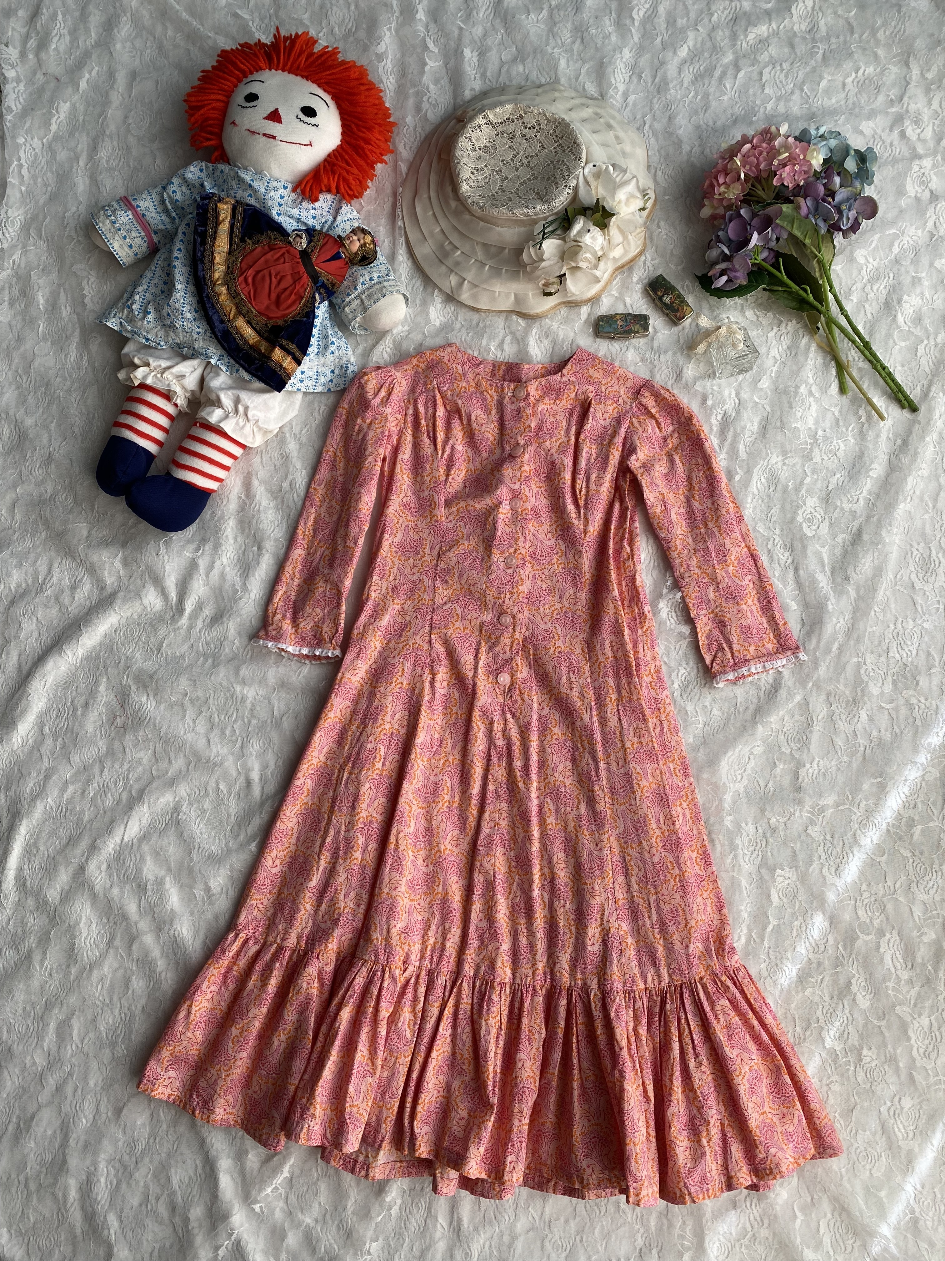 Vintage Dress / 古著粉橘色圖騰後綁帶蛋糕裙洋裝