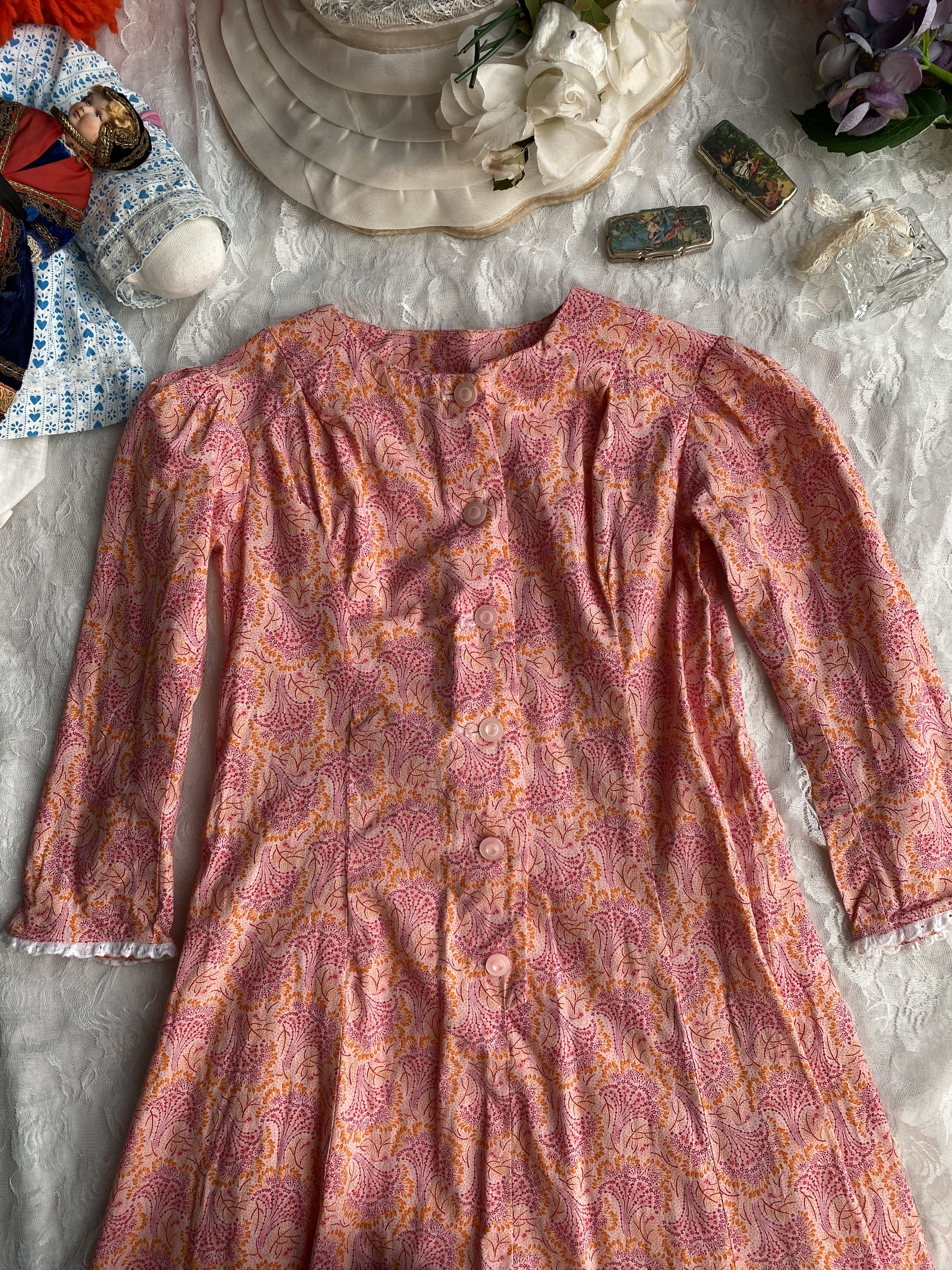 Vintage Dress / 古著粉橘色圖騰後綁帶蛋糕裙洋裝