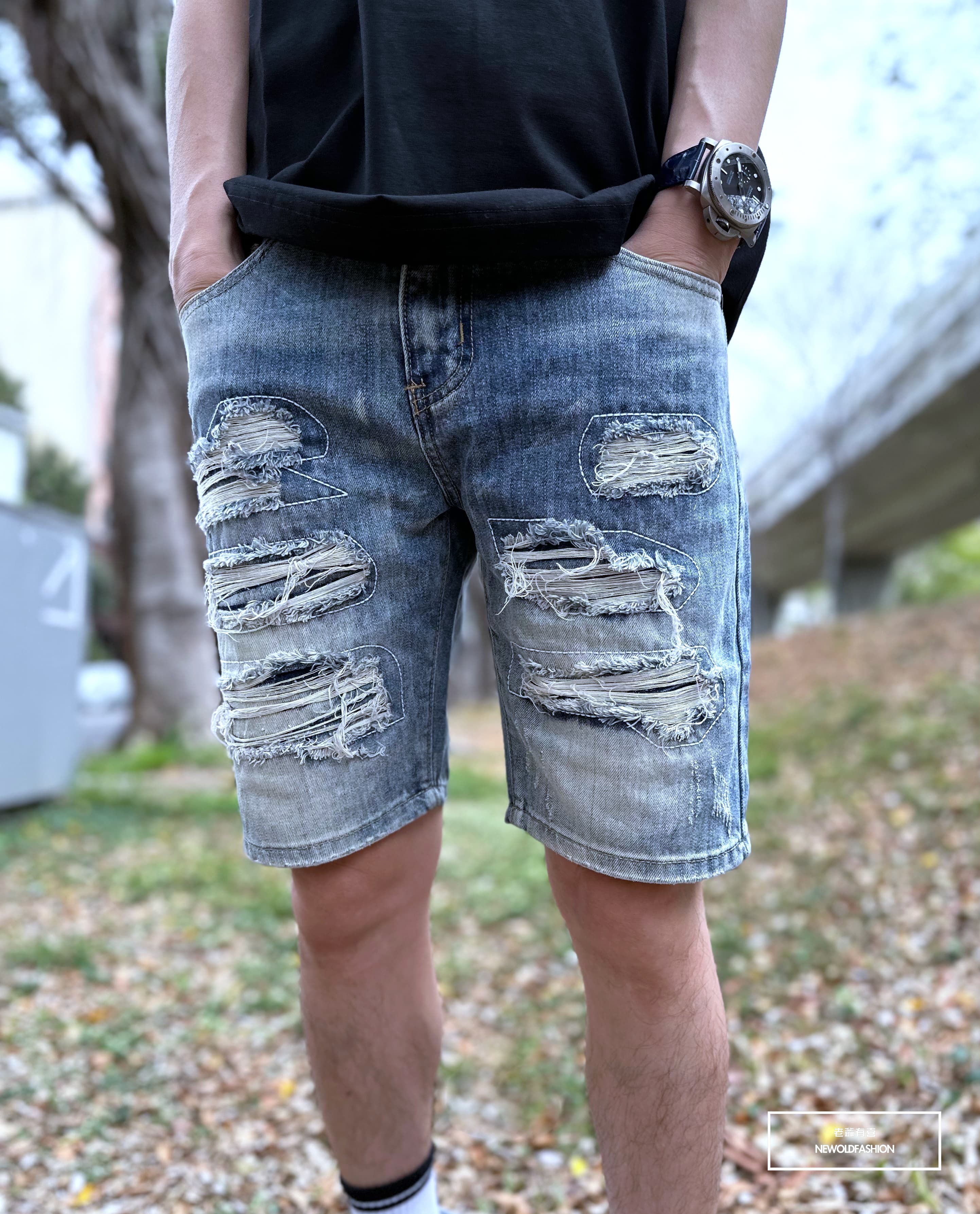 『新品上市』重磅六格不規則破壞牛仔短褲(NOF2303259)