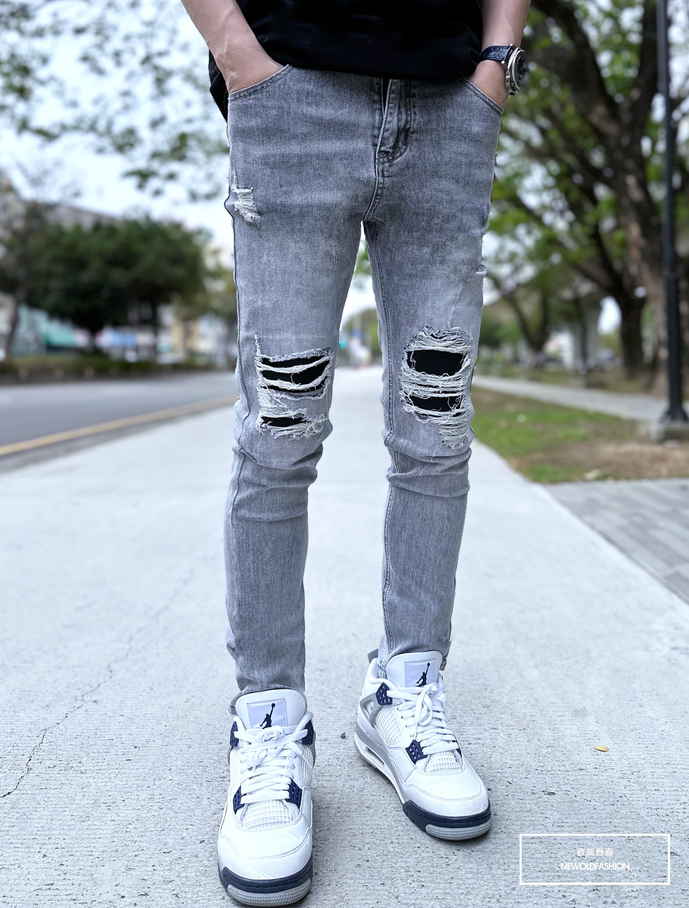 『新品上市』重磅煙灰白黑補丁小直筒褲(NOF23059931)