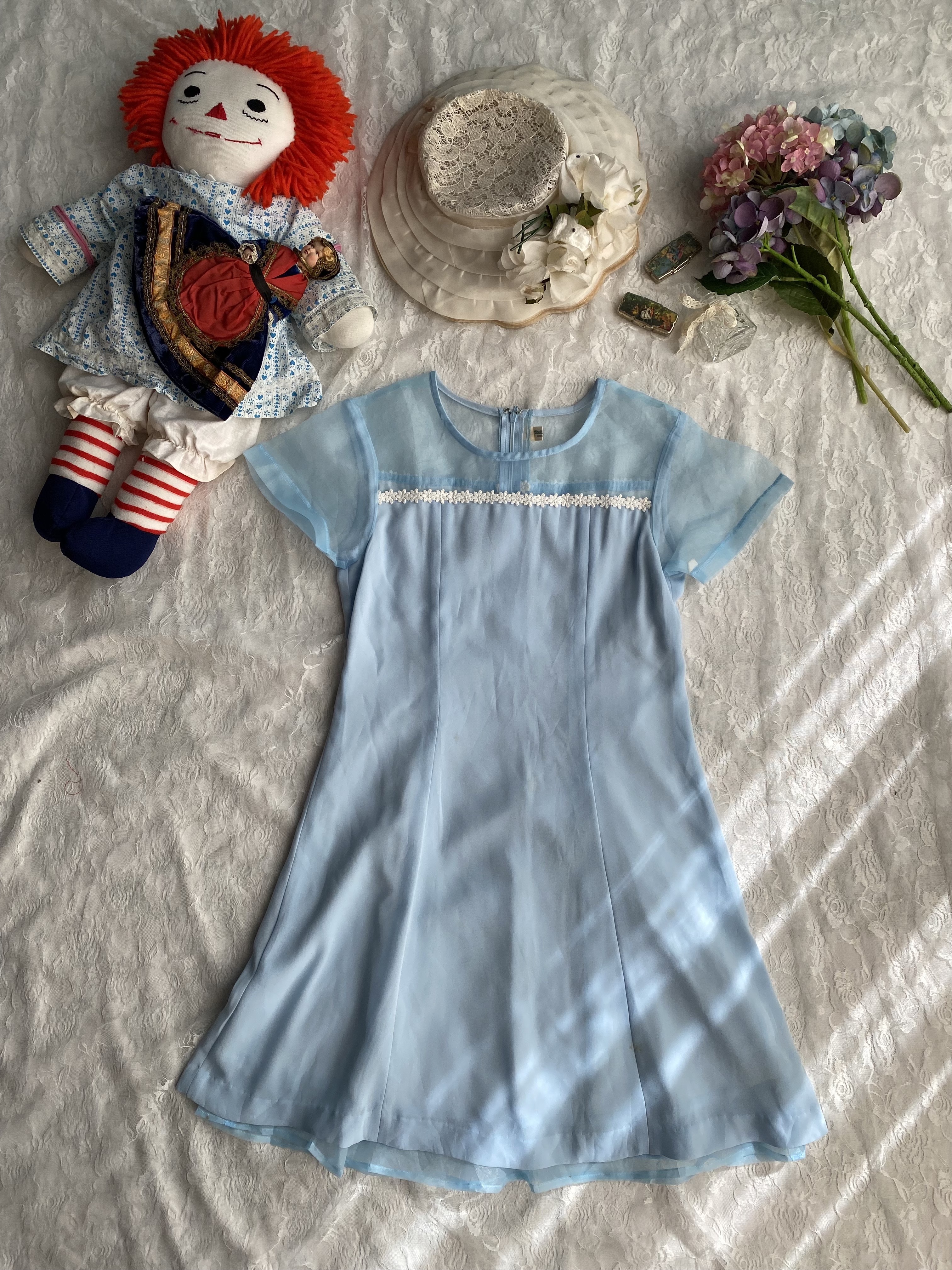 Vintage Dress / 古著小花點綴雪紡拼接紗淡藍色洋裝