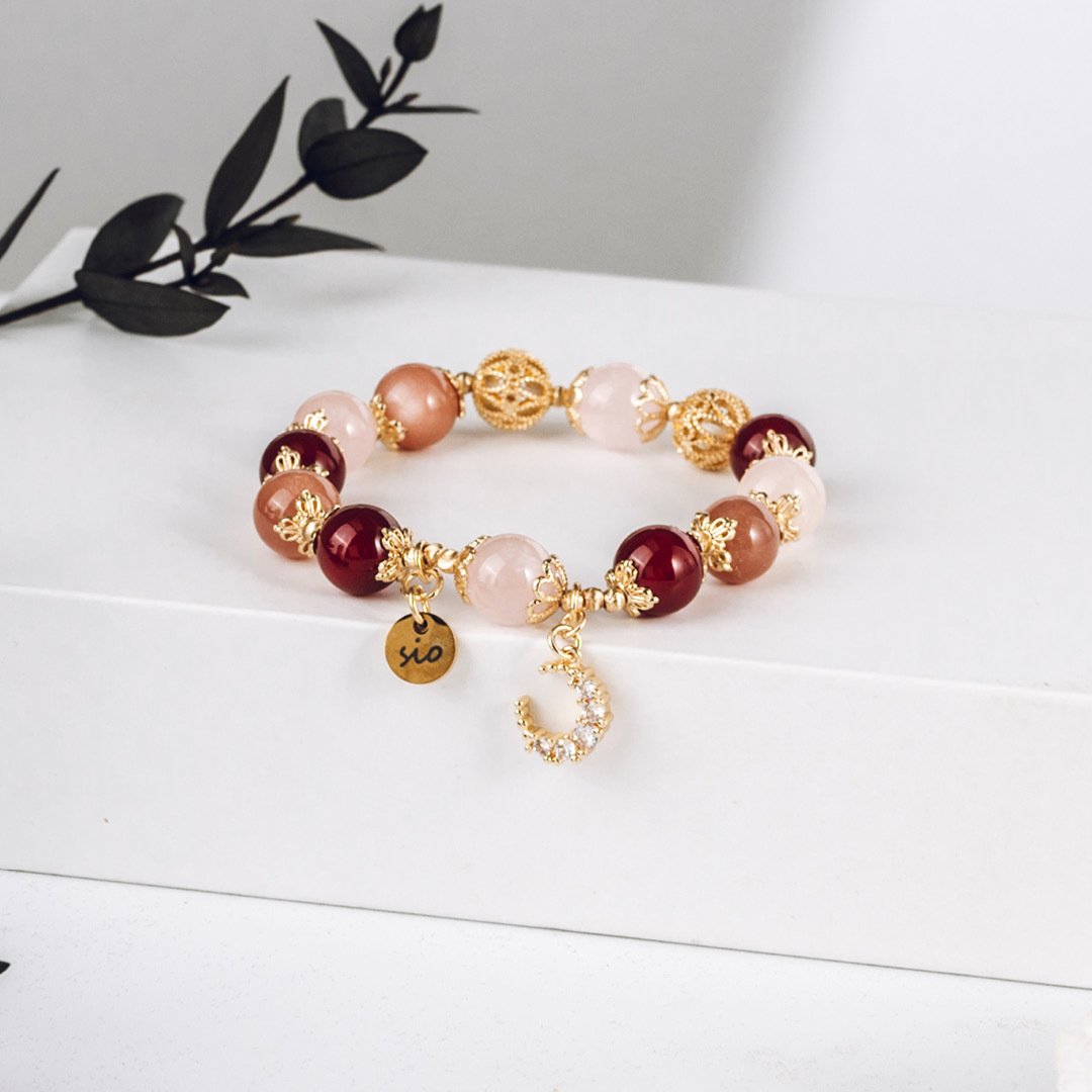 【月野】塞勒涅的雙翼-粉水晶紅瑪瑙太陽石水晶手鍊/水晶手串