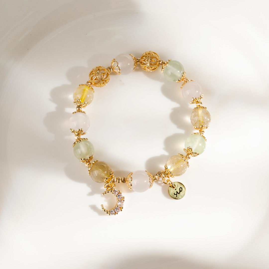 【月野】阿提米絲的新月冠-葡萄石白瑪瑙金髮晶水晶手鍊/水晶手串