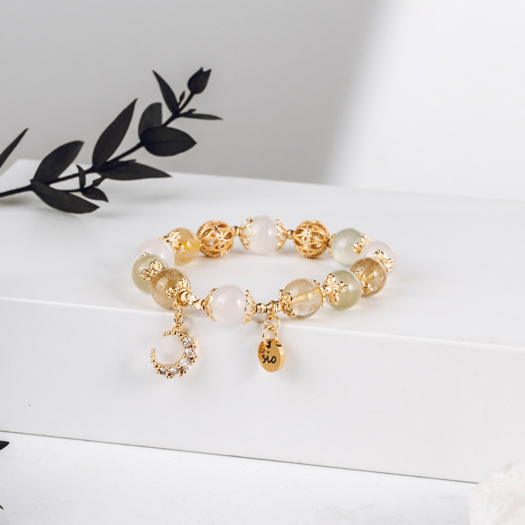 【月野】阿提米絲的新月冠-葡萄石白瑪瑙金髮晶水晶手鍊/水晶手串