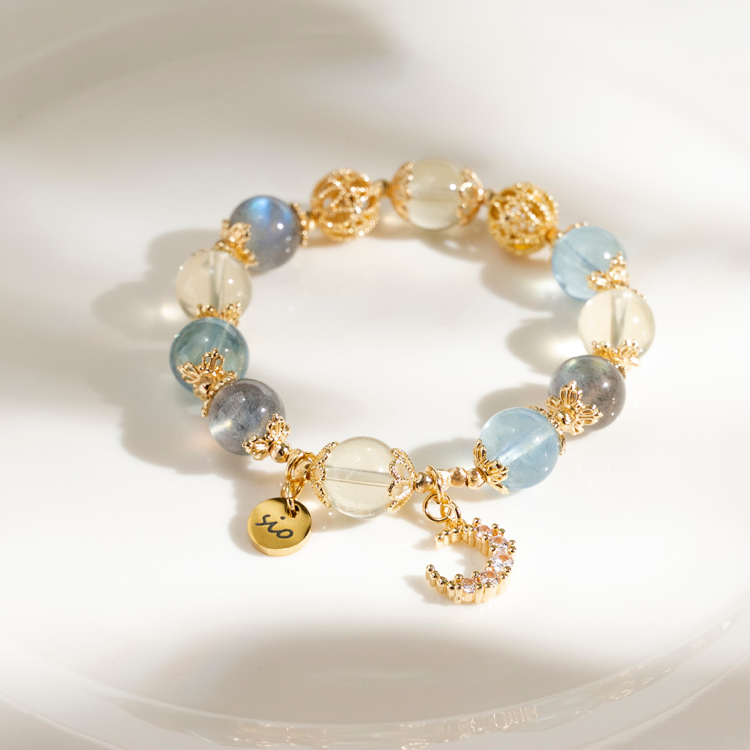 【月野】菲碧的神諭-黃水晶海藍寶月光石水晶手鍊/水晶手串