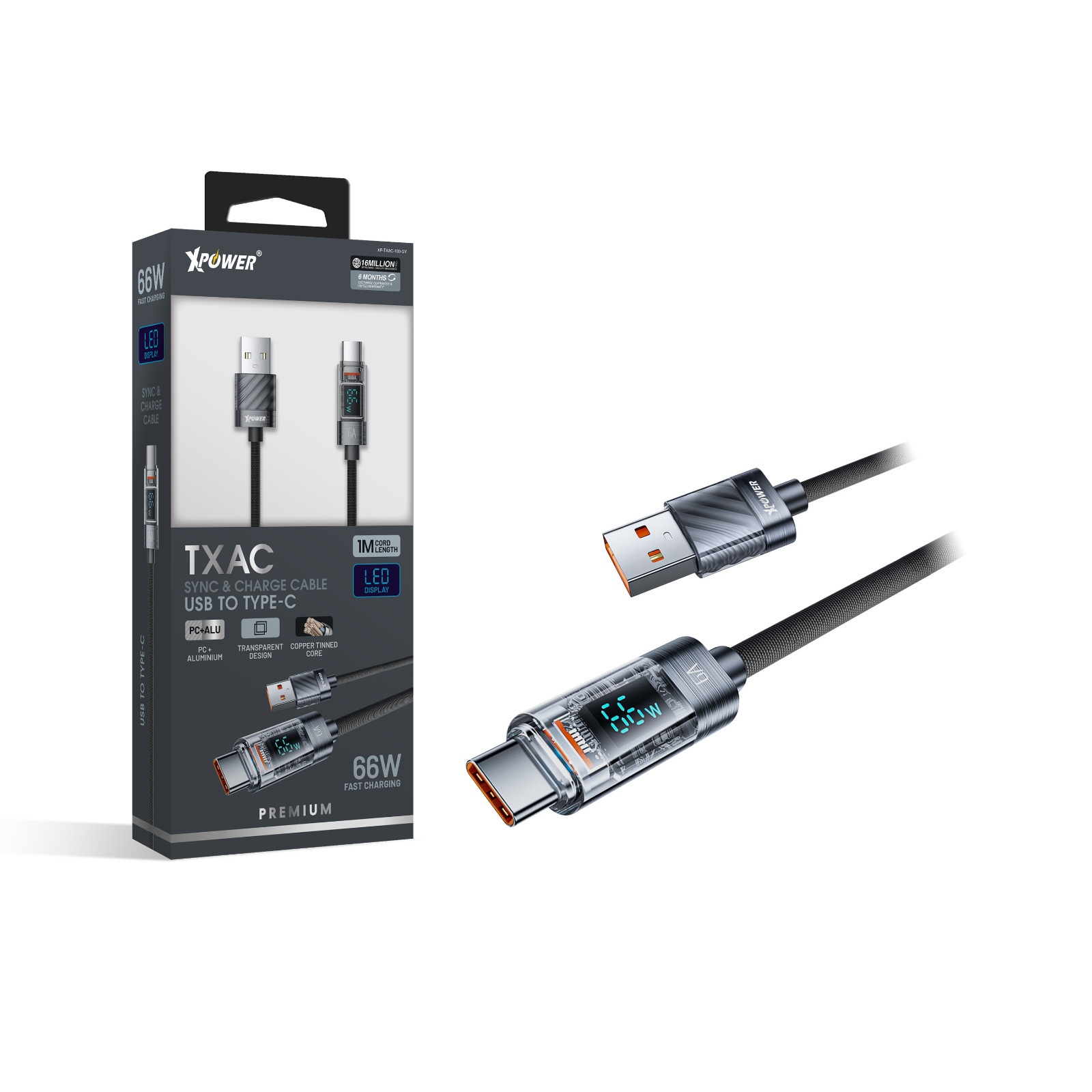 XPower TXAC 1M LED顯示透明66W高速傳輸充電USB>Type-C線