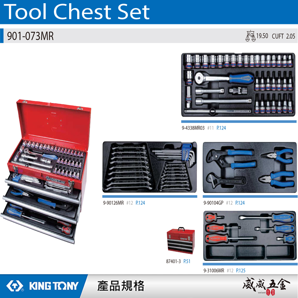 KING TONY 金統立 台灣製｜74件式 手提式工具箱組 綜合工具組 板手組 套筒組｜901-073MR