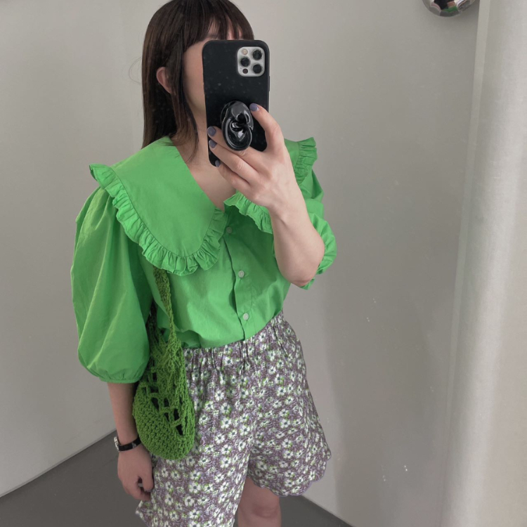 韓國 VL 大荷葉領七分袖襯衫 綠