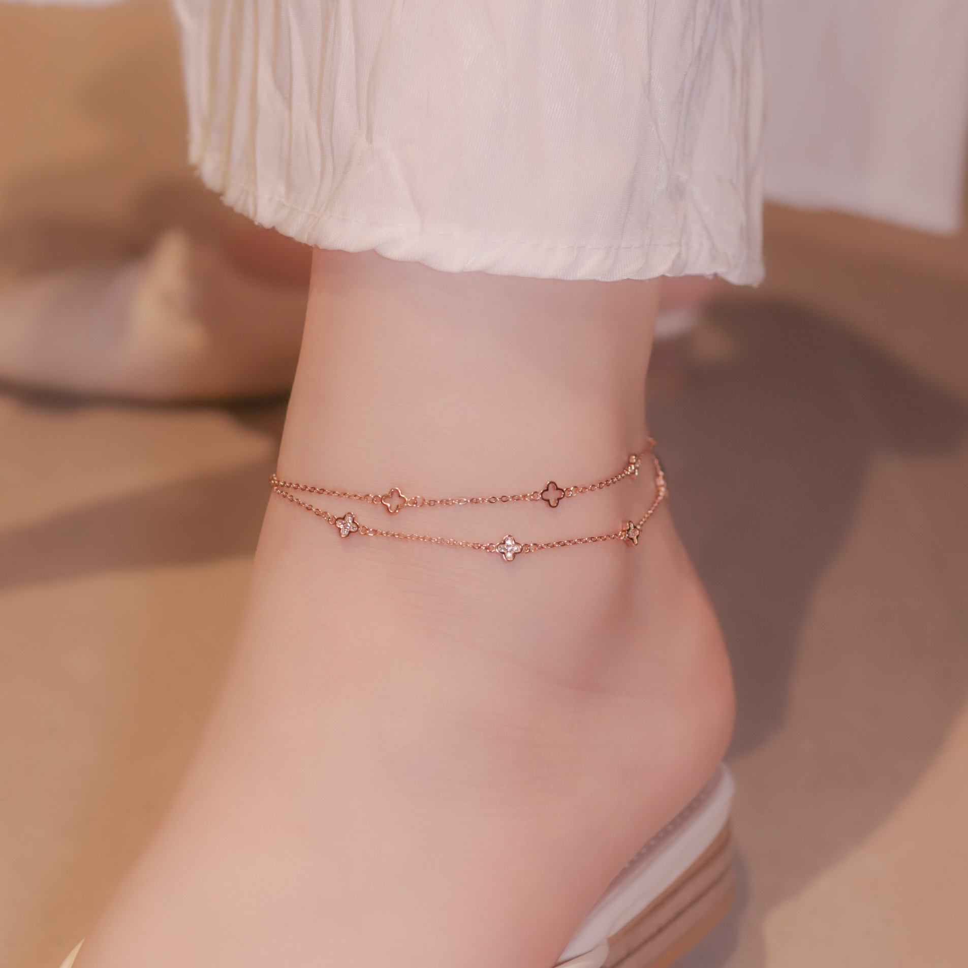 | 925純銀・ 白金・玫瑰金 | 小確幸提示雙層腳鏈 （銀/玫瑰金）  | AN0086 |