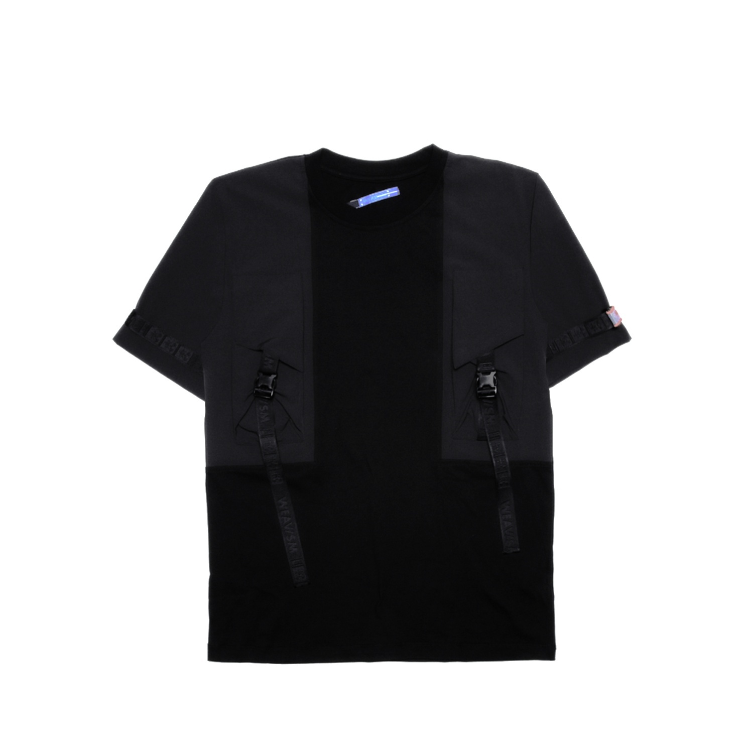 拼袖雙口袋Tee - 黑