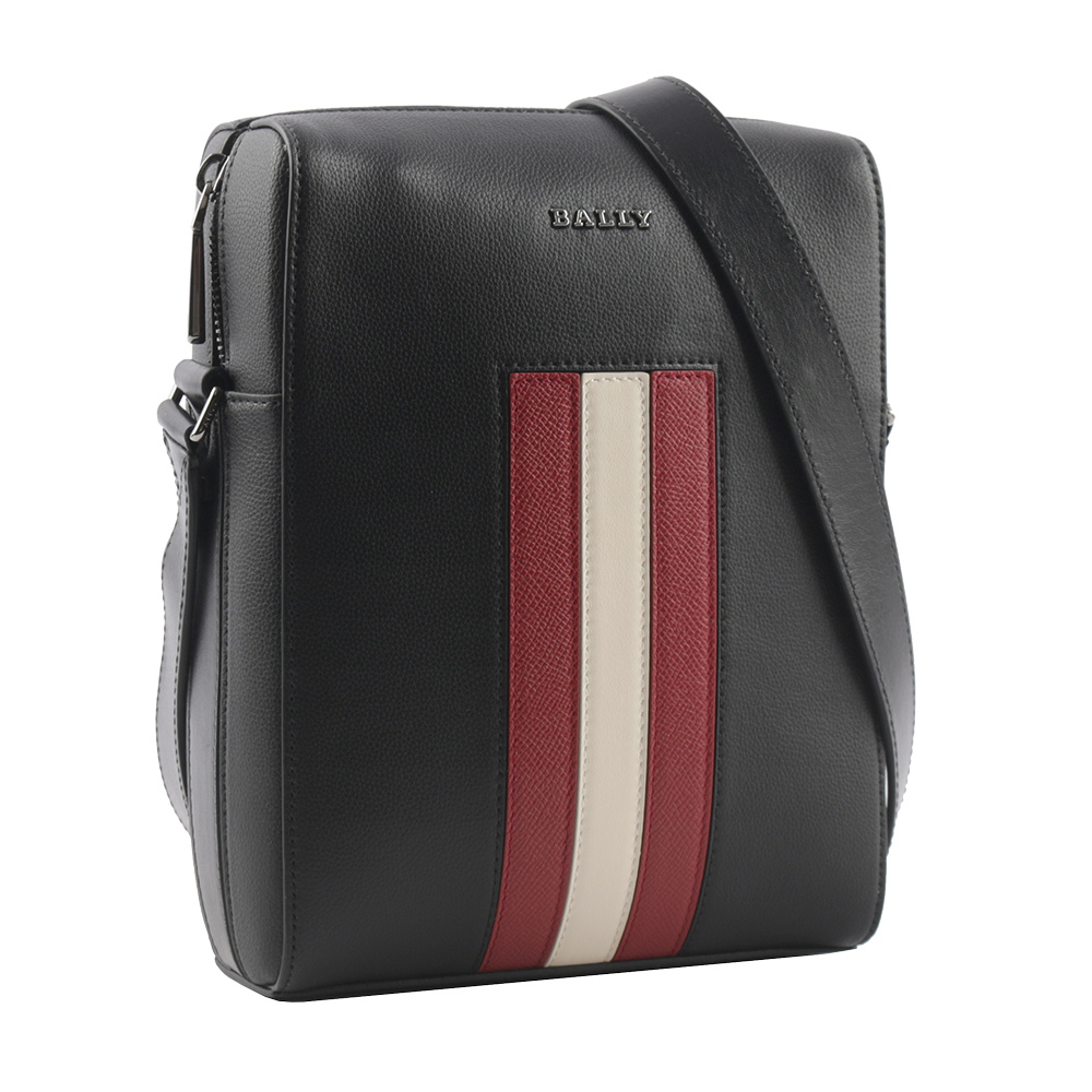 【BALLY】Edoh 紅白條紋壓紋牛皮拉鍊斜背包(黑色)