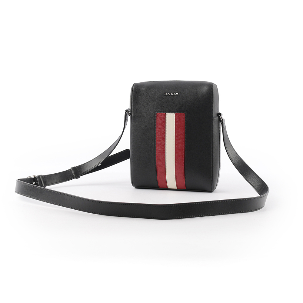 【BALLY】Edoh 紅白條紋壓紋牛皮拉鍊斜背包(黑色)
