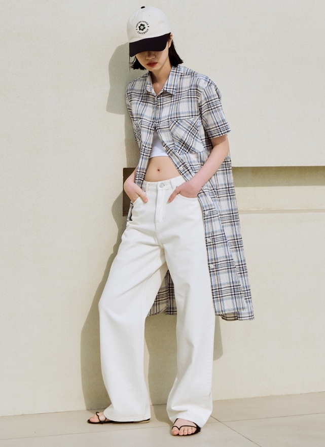 韓國代購 COVERNAT 格紋半身 連身襯衫 長版襯衫 寬鬆休閒 海軍藍 MAY-