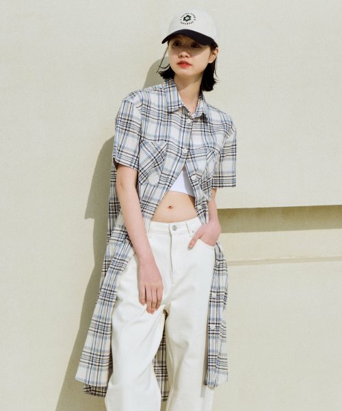 韓國代購 COVERNAT 格紋半身 連身襯衫 長版襯衫 寬鬆休閒 海軍藍 MAY-