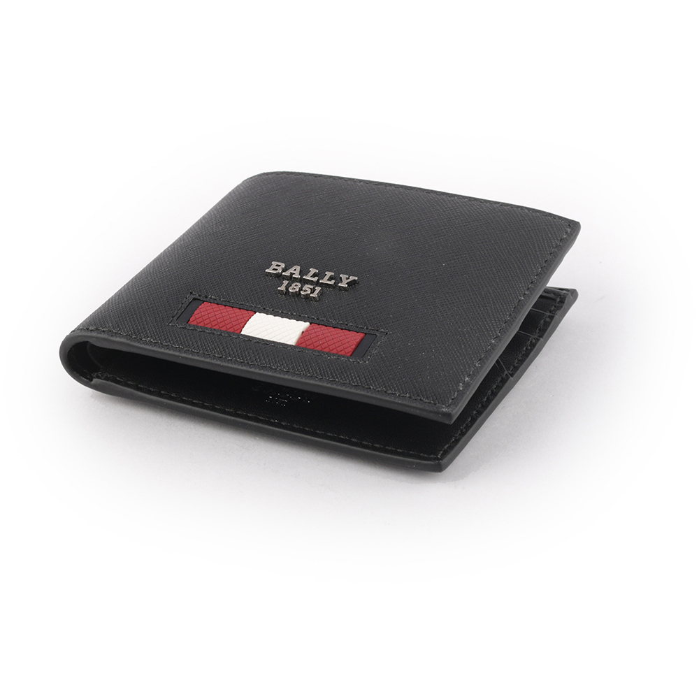 【BALLY】Bevye 再生牛皮紅白條紋對開6卡短夾(黑色)