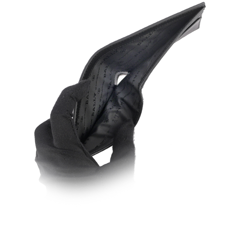 【BALLY】Bevye 再生牛皮紅白條紋對開6卡短夾(黑色)