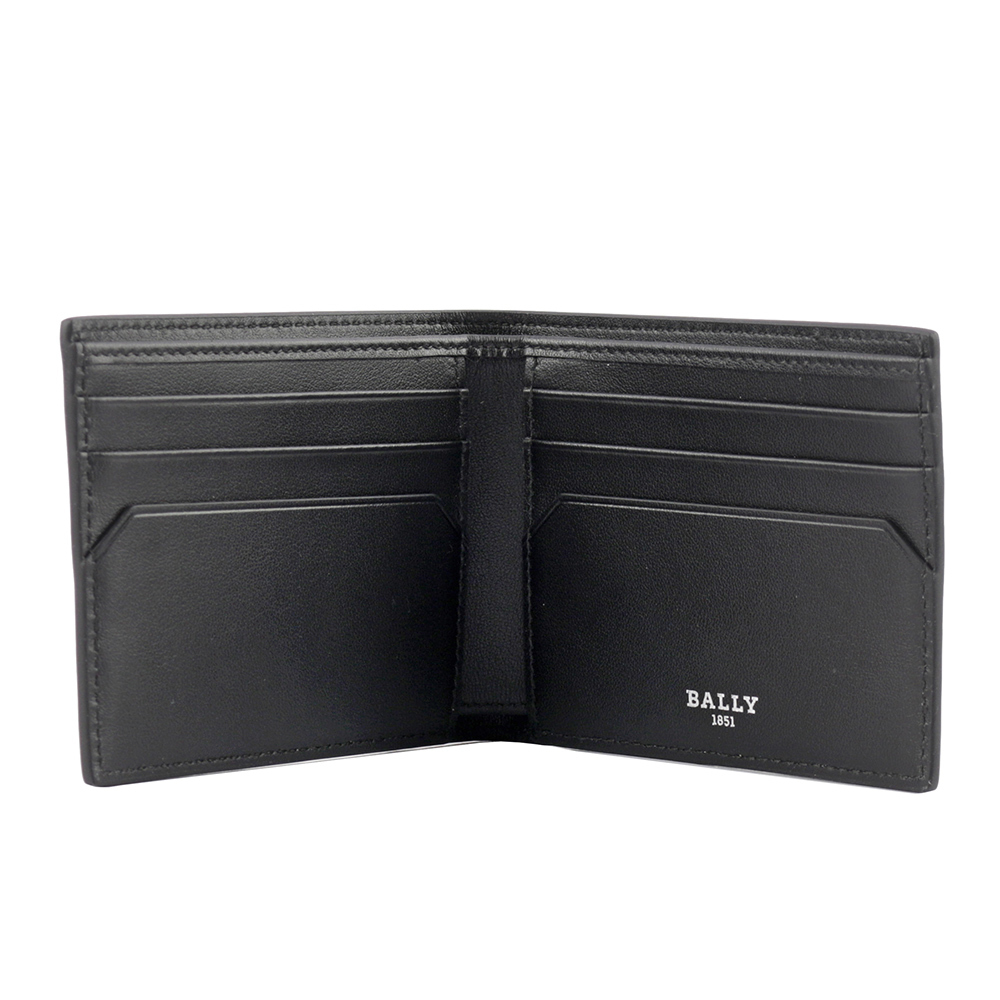 【BALLY】Bevye 再生牛皮紅白條紋對開6卡短夾(黑色)