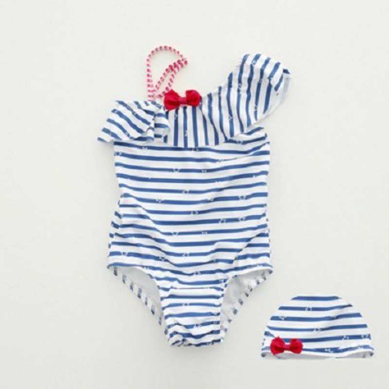 V19BL_SS23_C🏖️藍色間條斜膊連身泳衣+帽