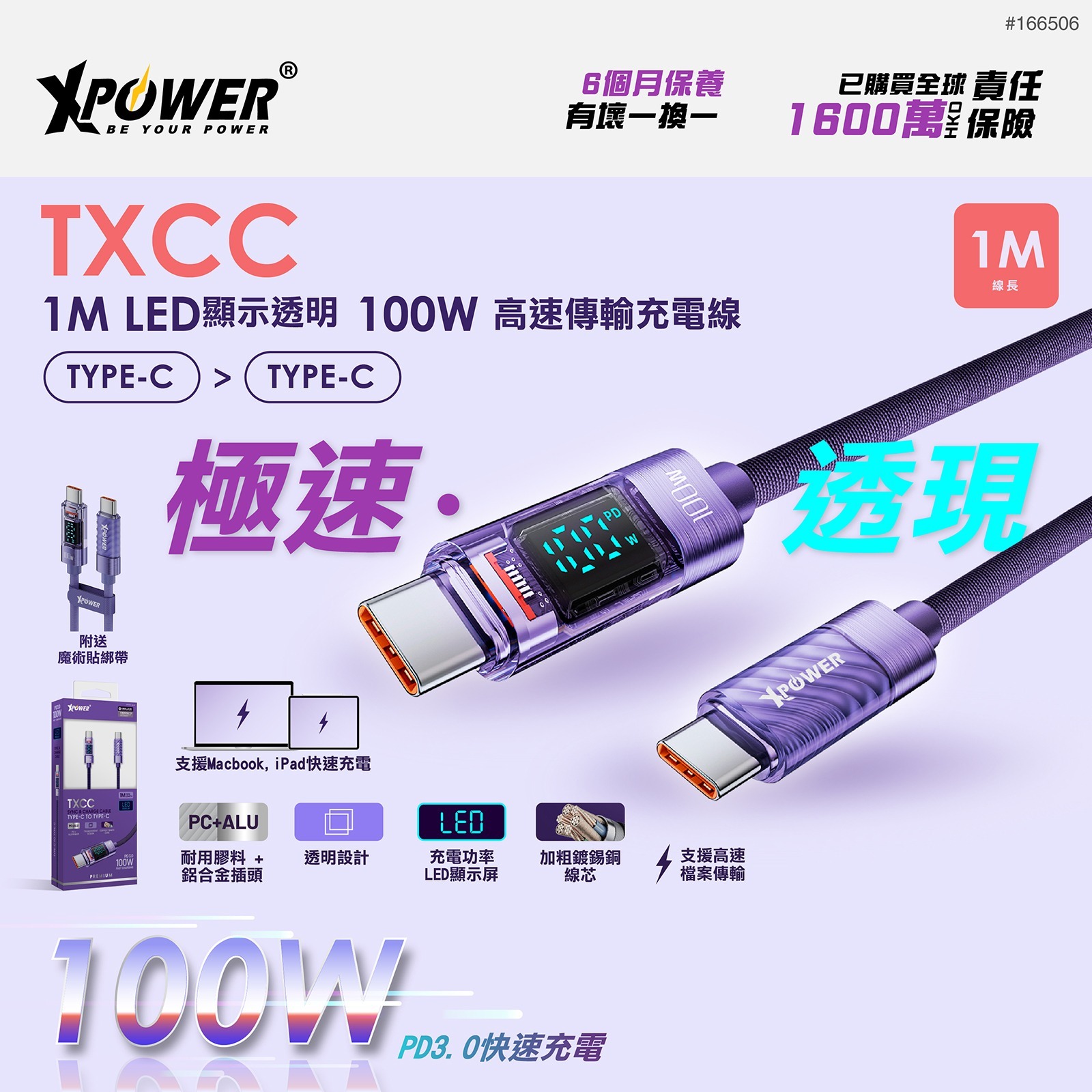 XPower TXCC 1M LED顯示透明100W高速傳輸充電Type-C>Type-C線
