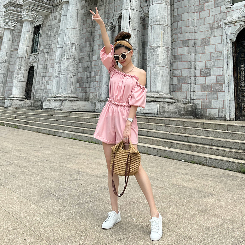 法式一字領雪紡套裝