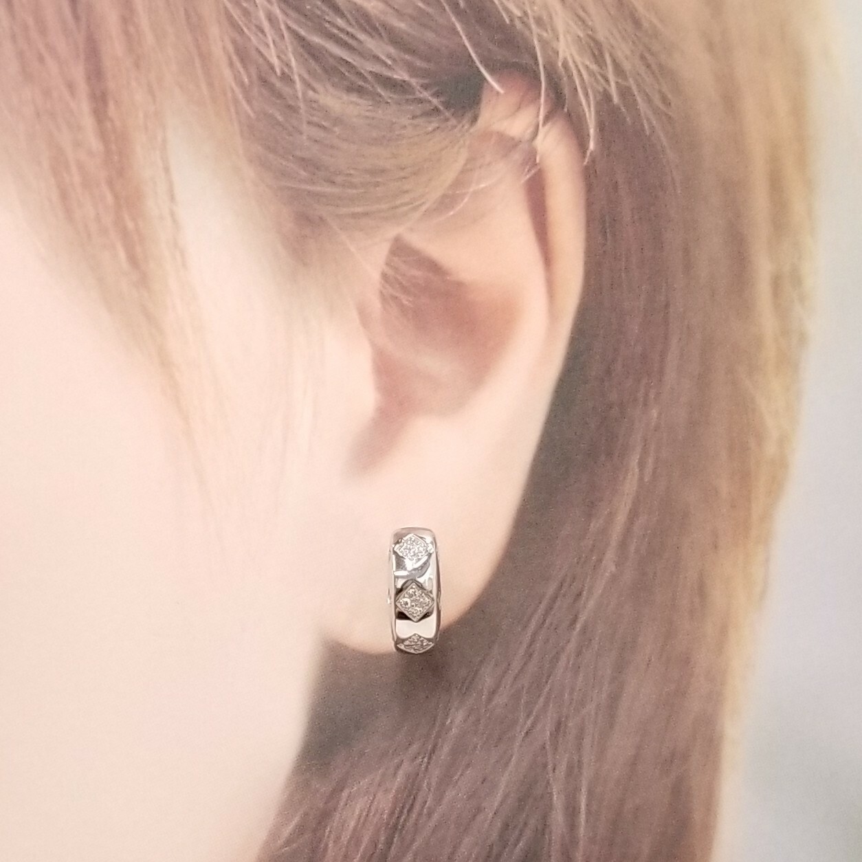 全新18K白金14份鑽石圈單耳環