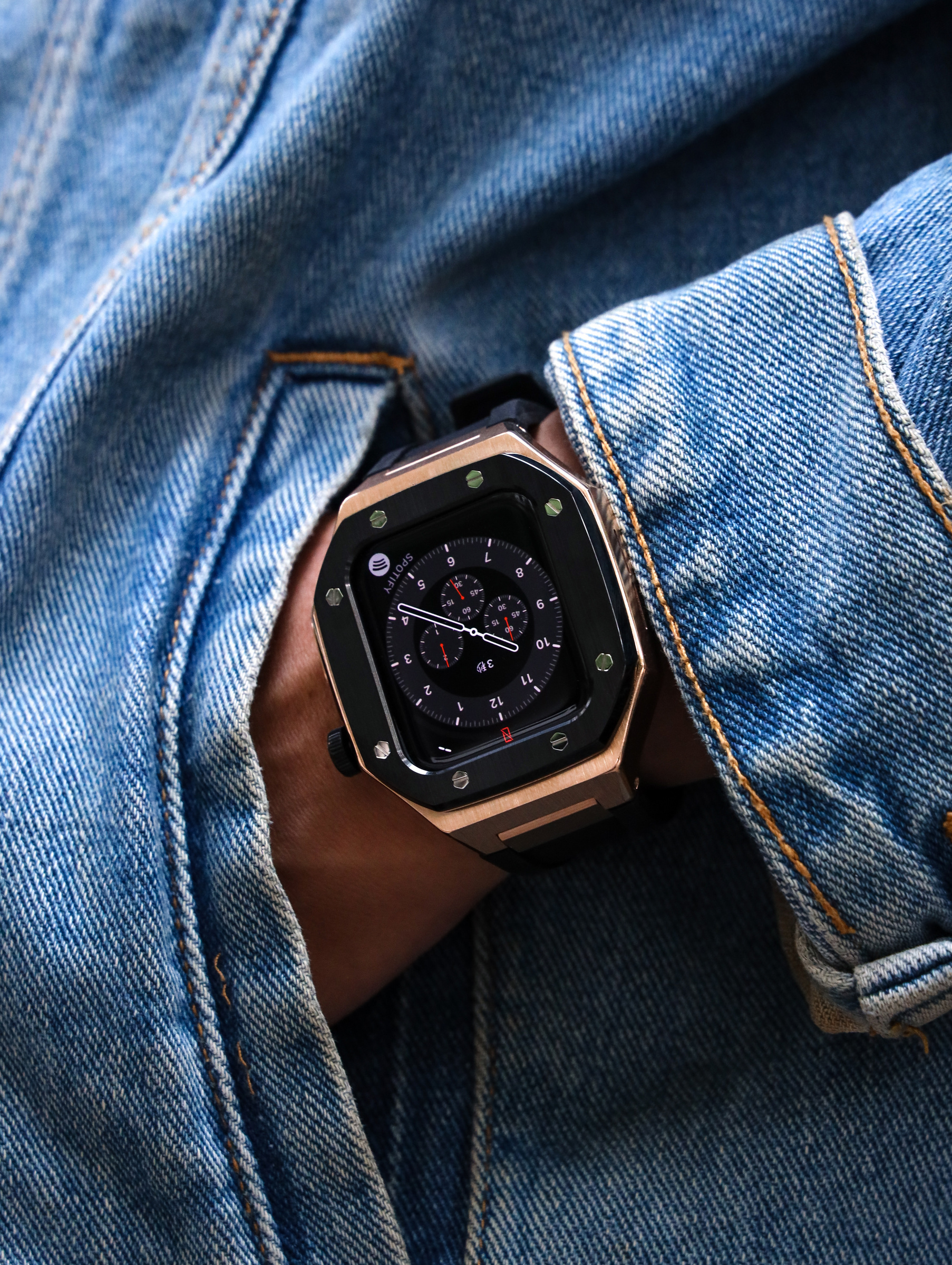 Apple Watch 不銹鋼錶殼 44mm - 黑圈玫瑰金框 矽膠錶帶 運動錶帶 Apple 錶殼 手錶保護殼 含錶帶 錶盒 一年保固