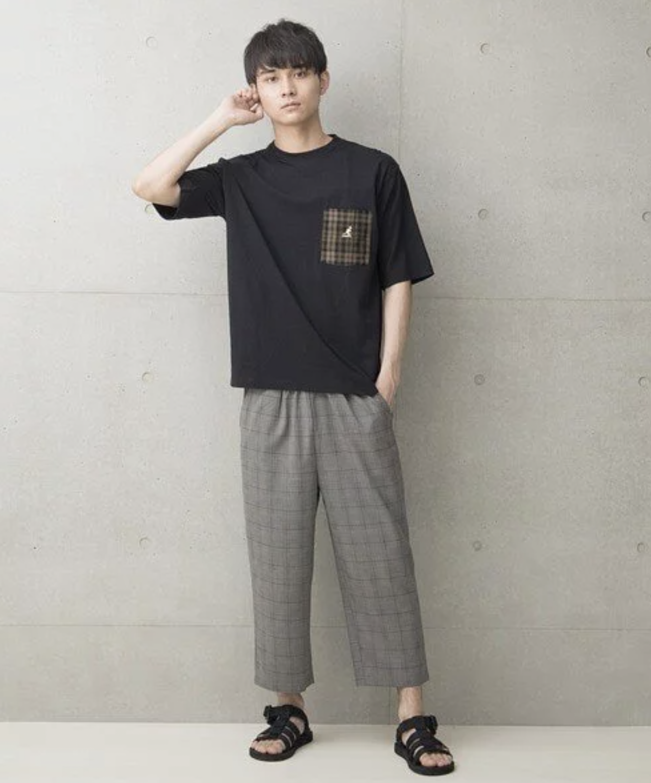 日版 KANGOL 別注版口袋拼接格紋短袖T恤 - BLACK