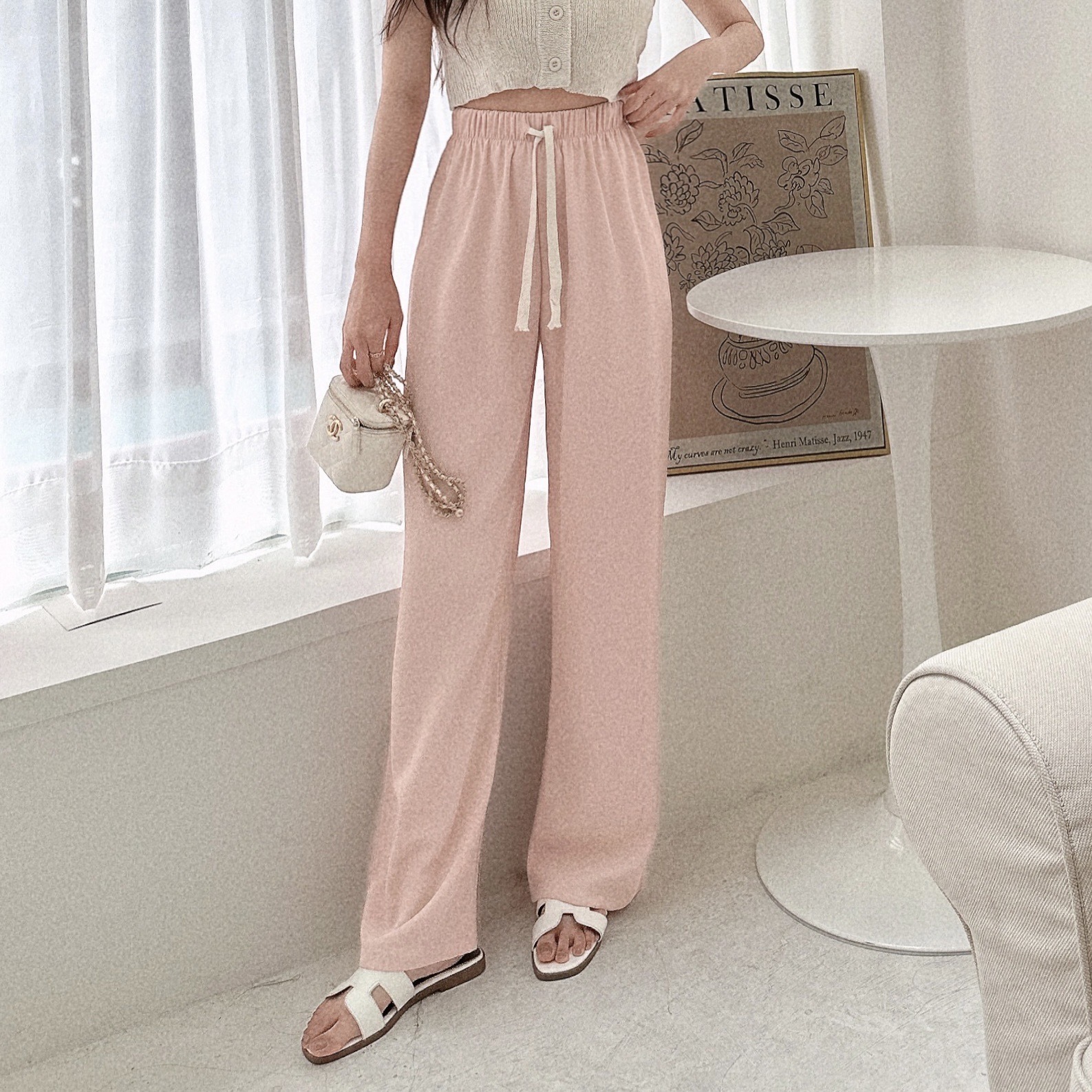 舒服涼感糖果色白繩寬褲/五色