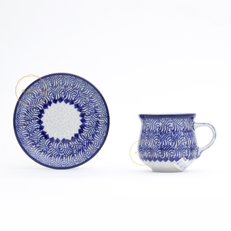 濃縮咖啡杯 杯盤組 100ml-藍白的蕨類-A