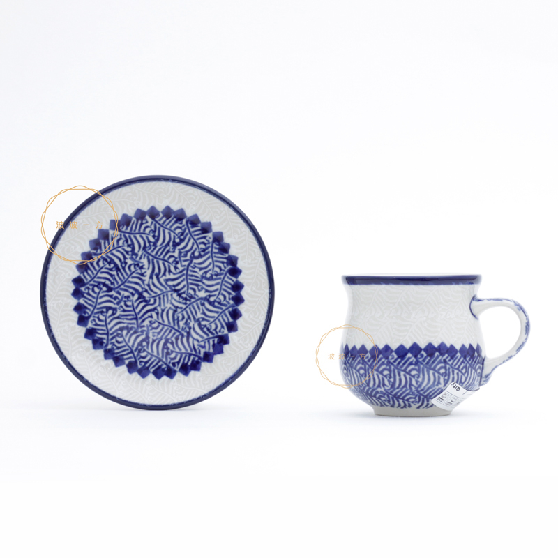 濃縮咖啡杯 杯盤組 100ml-藍白的蕨類-B