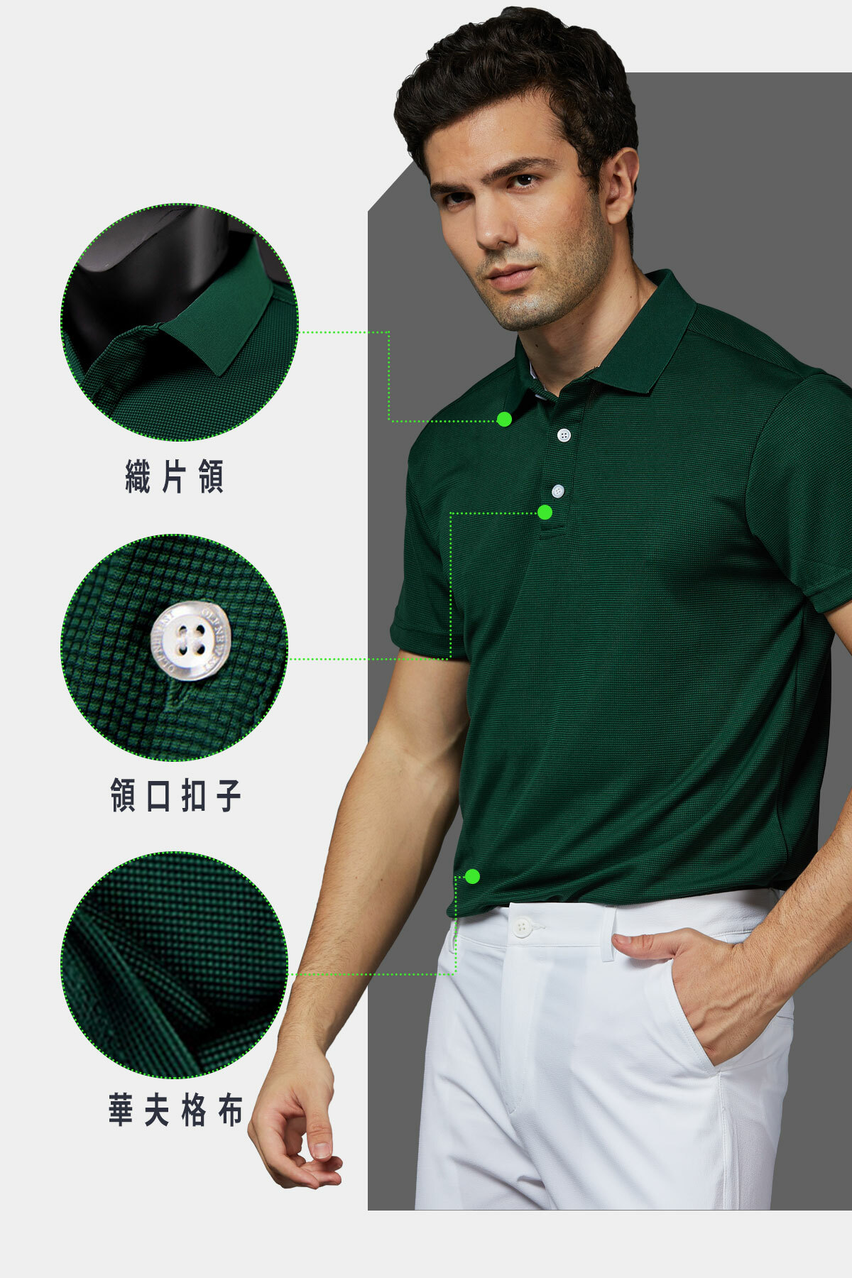 高爾夫球短袖POLO衫華夫格衣身、領部細節設計
