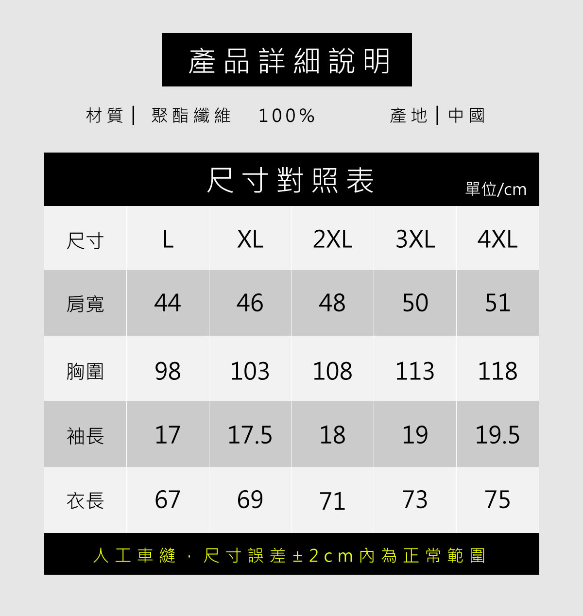 華夫格商務POLO衫尺寸對照表及材質說明