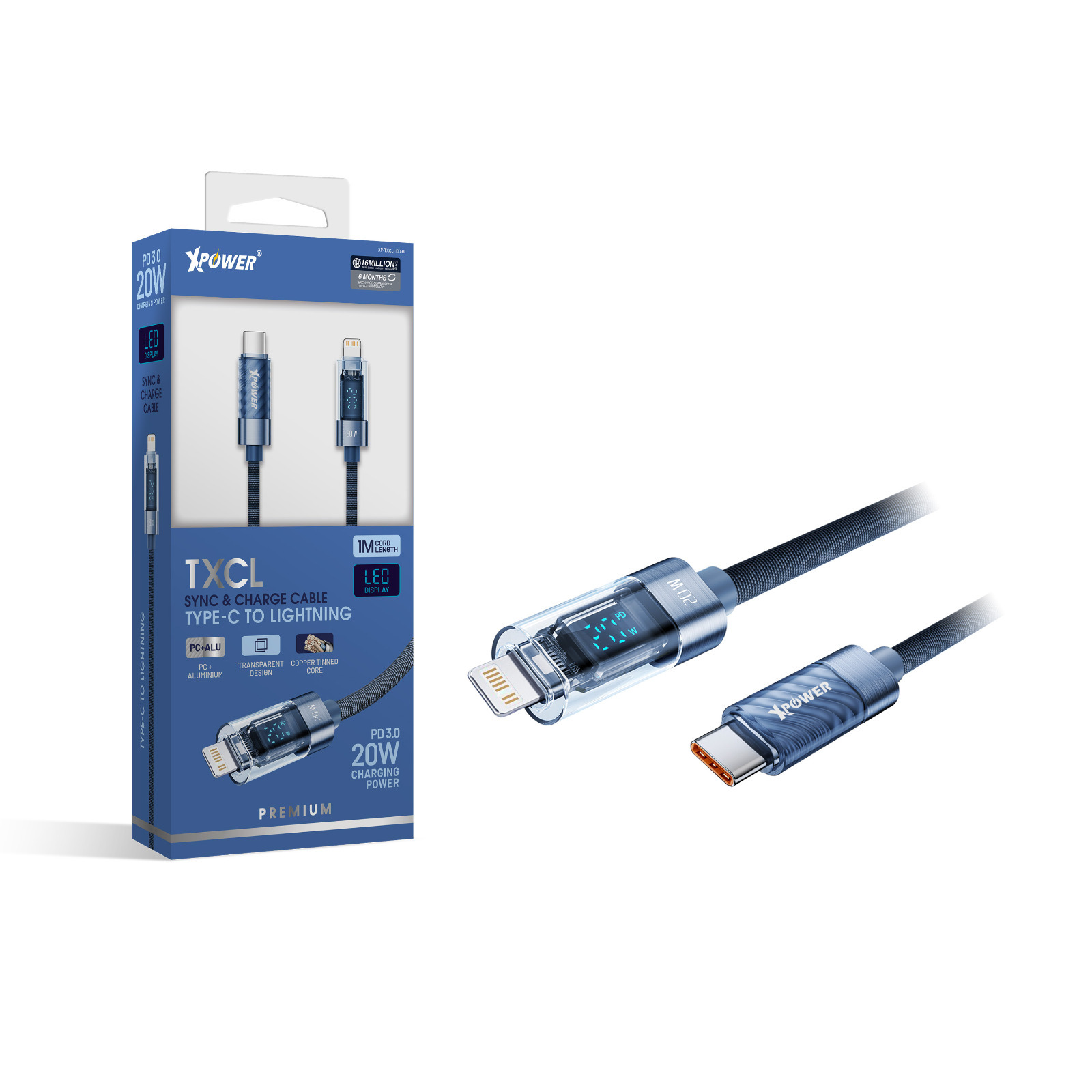 XPower TXAC 1M LED顯示透明66W高速傳輸充電USB>Type-C線