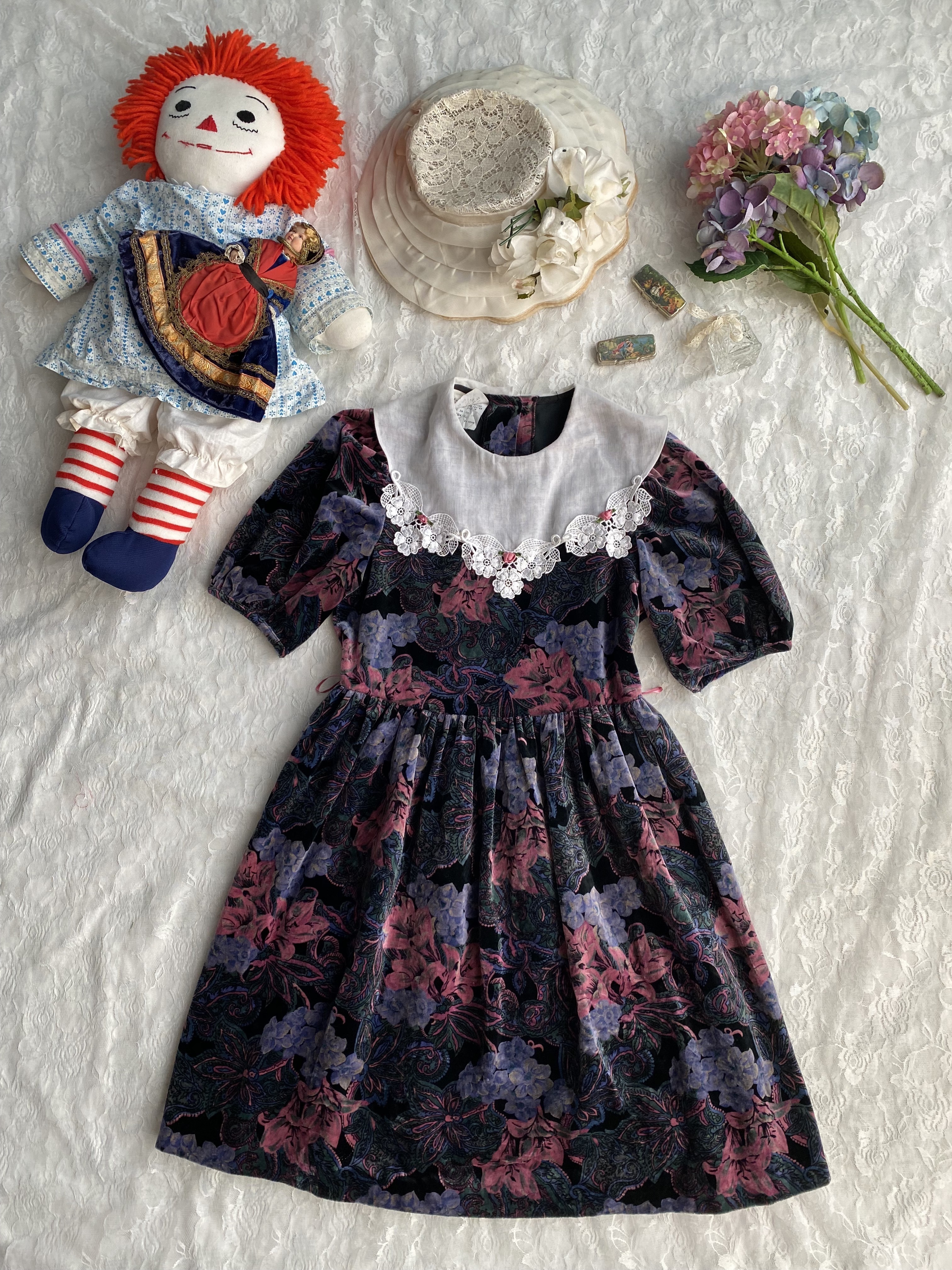 Vintage Dress / bonnie jean古著刺繡拼接領紫紅花卉絨布洋裝