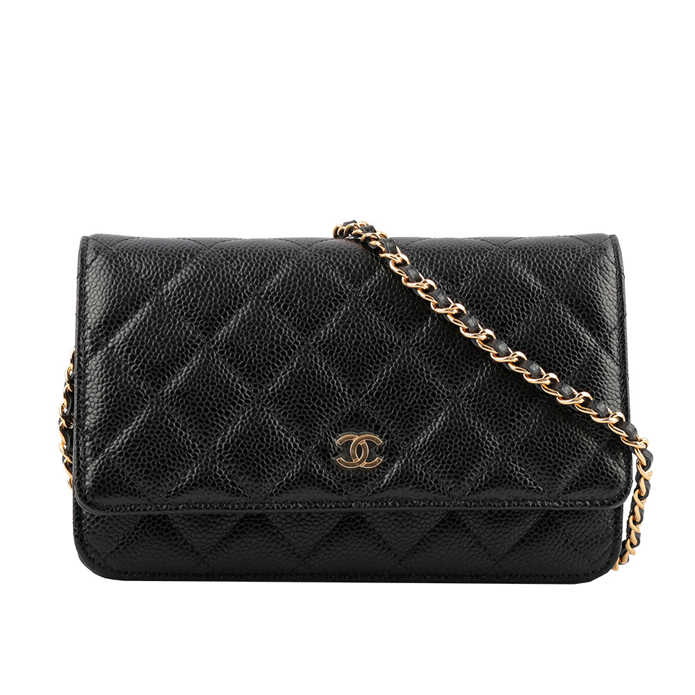 【CHANEL】經典CC Logo淡金釦荔枝皮革WOC