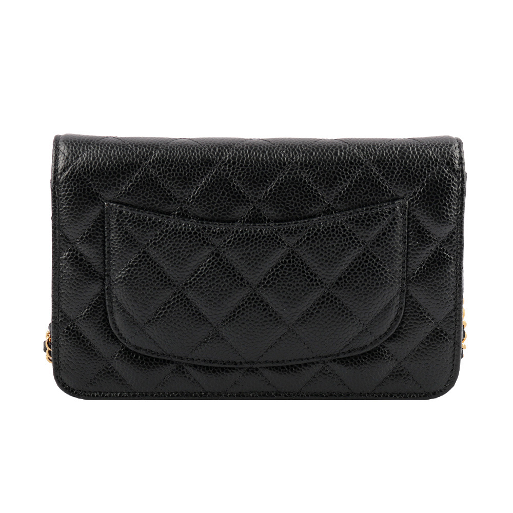 【CHANEL】經典CC Logo淡金釦荔枝皮革WOC(黑色)