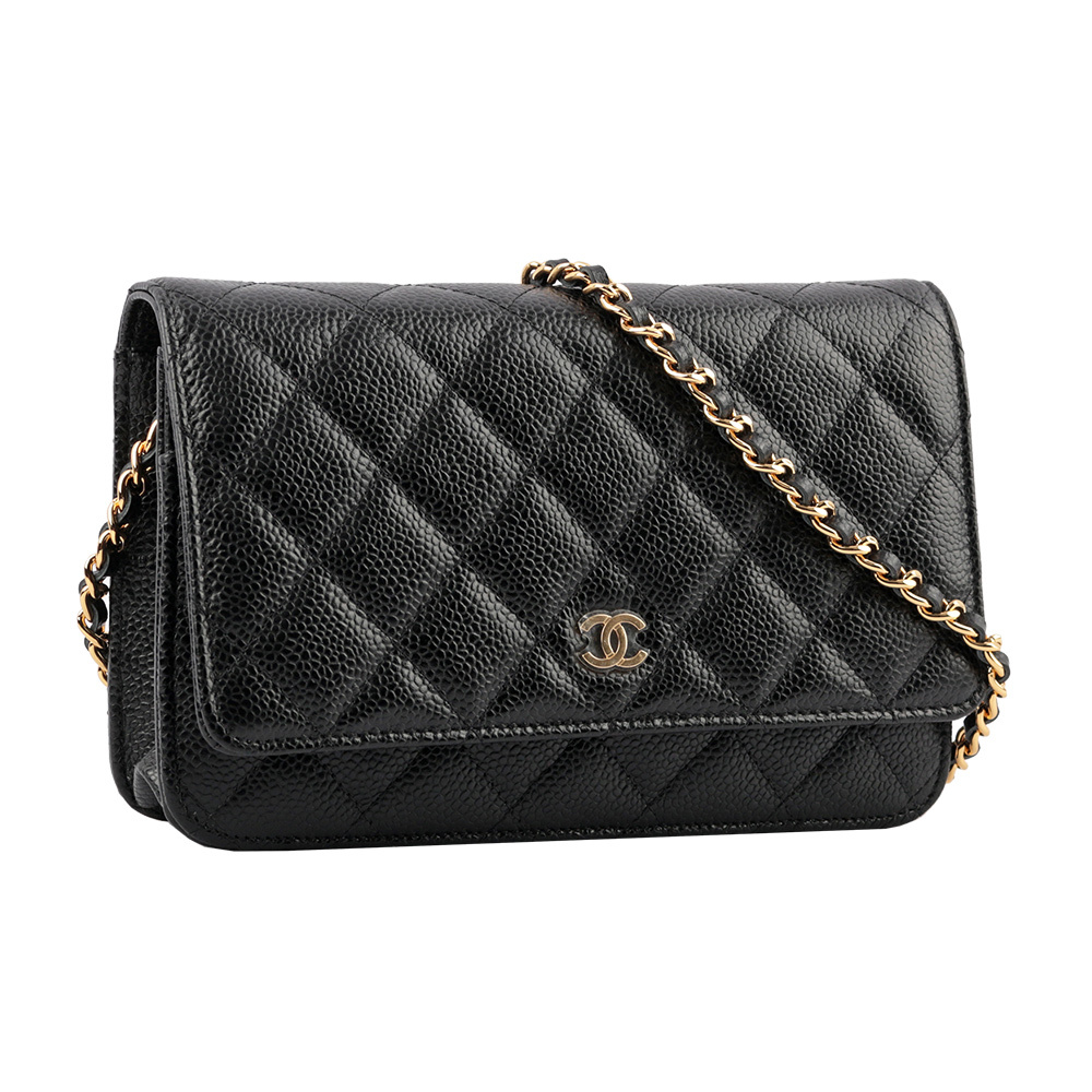 【CHANEL】經典CC Logo淡金釦荔枝皮革WOC(黑色)