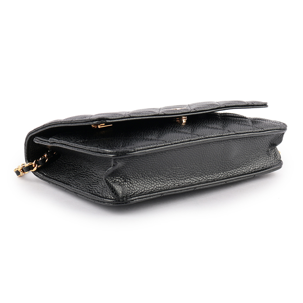 【CHANEL】經典CC Logo淡金釦荔枝皮革WOC(黑色)