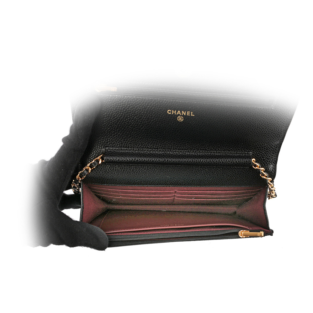 【CHANEL】經典CC Logo淡金釦荔枝皮革WOC(黑色)