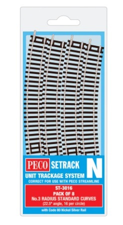 Peco ST-3016 N scale,  Standard Curve, 3rd Radius (Pack of 8)