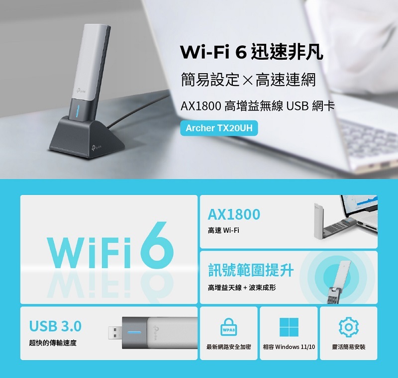 米特3C數位–TP-Link Archer TX20UH AX1800 高增益天線 WiFi6 USB 無線網卡