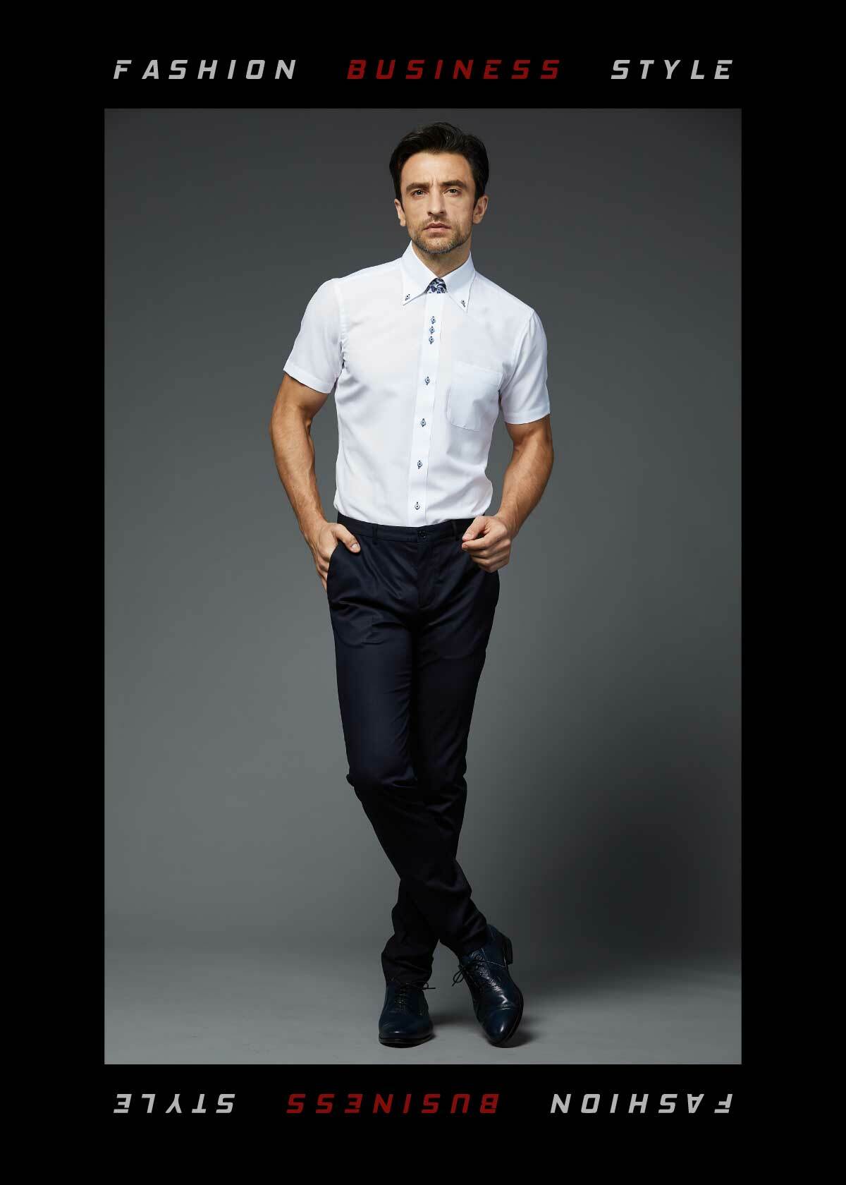 modle穿著佩德白短袖防皺白襯衫，帥氣大方