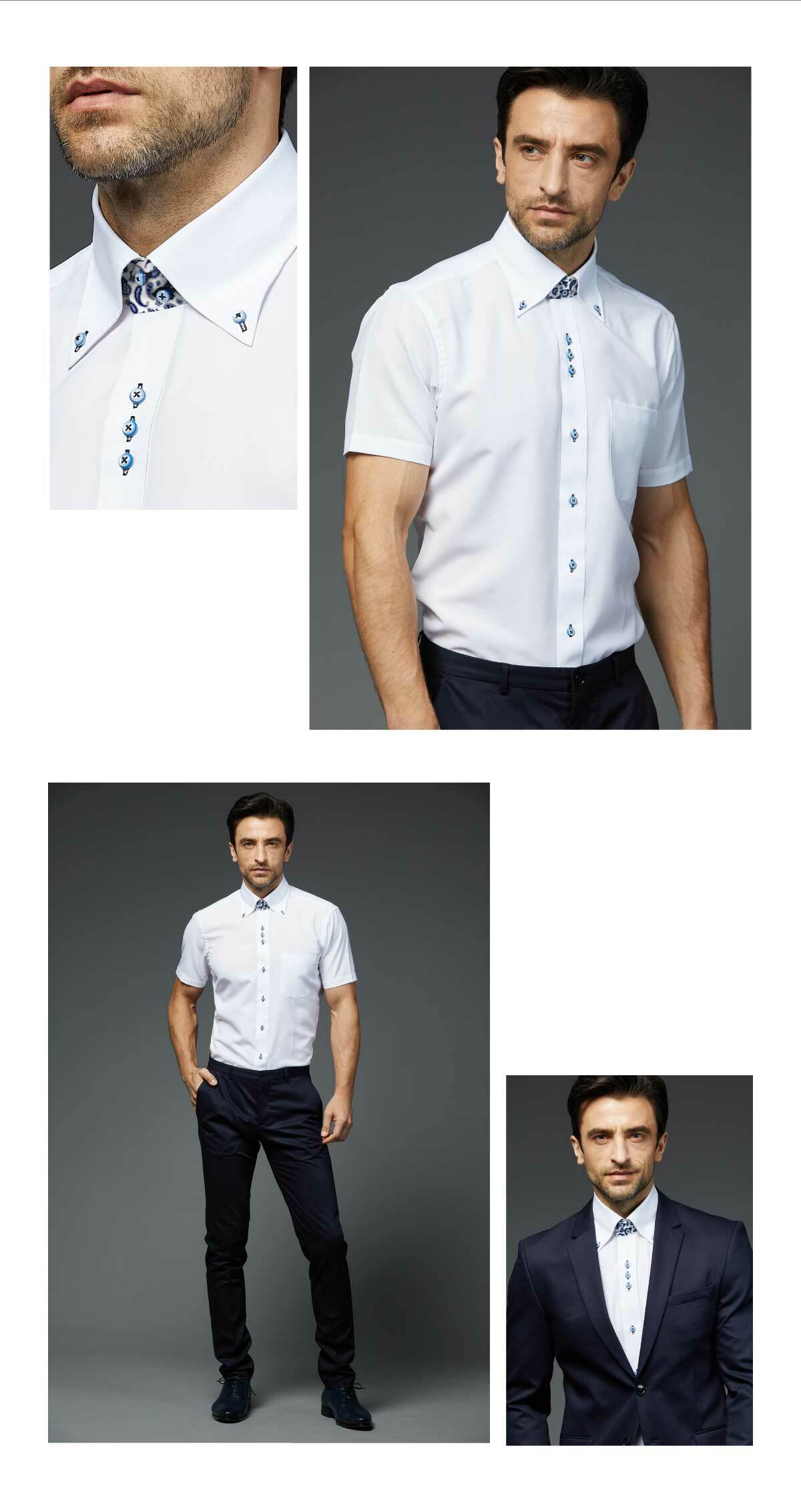 佩德白防皺襯衫，領口獨特花紋設計，搭配雙扣領，風格更顯不凡