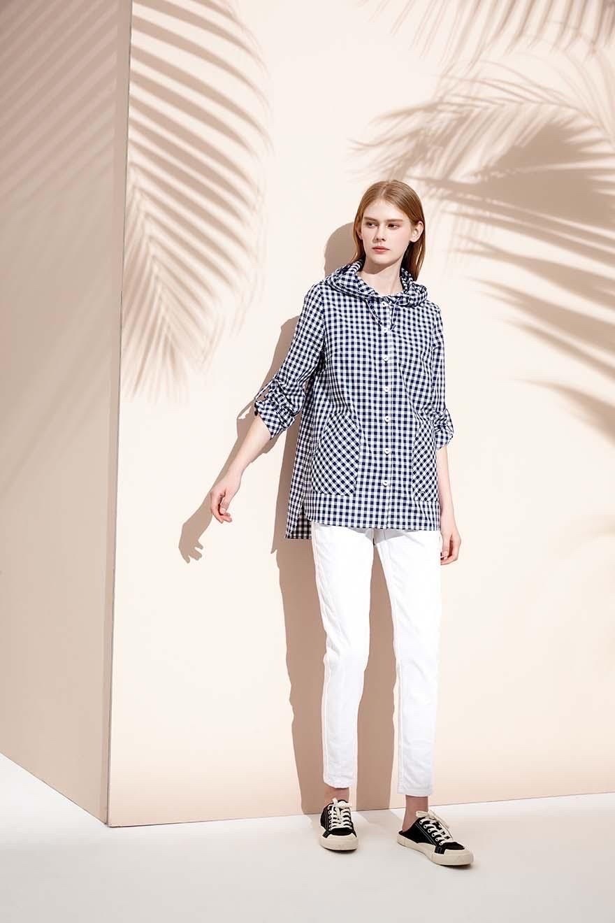 經典格連帽反折袖休閒上衣／外套（一衣二穿）S6022